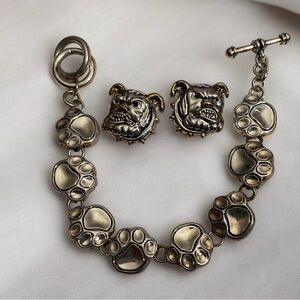 Vintage Signed Best Silver-Tone Dog Paw Bracelet and Bulldog Earrings Set- Rare